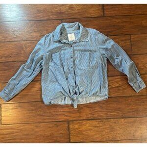 Womens Shirt Size Large Polka Dot Button Denim Casual Chic Coastal Cottagecore